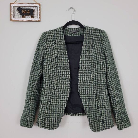 Theory Yaisa Wool Mohair Silk Open Front Blazer Sz S Houndstooth Black Green - Picture 1 of 9